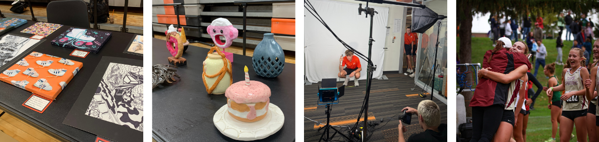 two photos of visual arts pieces and two photos featuring MAC student work